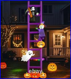 10.5ft Purple Ladders Pumpkin & Ghost Witch & Skeleton Inflatable Yard Décor