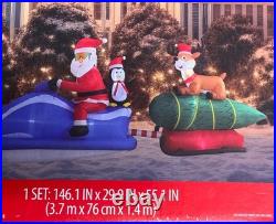 12' LED Santa Reindeer Christmas Tree crew Snowmobile Inflatable Holiday Time