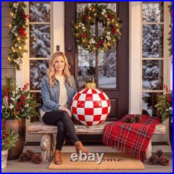 12 in Large Christmas Resin Ornaments Ball for Table, Red Check