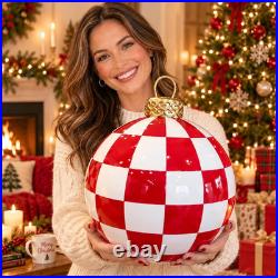 12 in Large Christmas Resin Ornaments Ball for Table, Red Check
