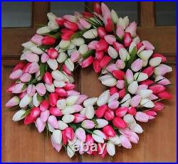 19-Inch Pink and White Tulip Front Door Wreath Luxe Silk Design in Gift Box 19-Inch Pink and White Tulip Front Door Wreath Luxe Silk Design in Gift Box