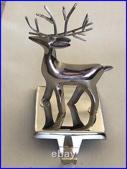 2010 Crate & Barrel Shiny Silver Tone Reindeer Stocking Holder Hook Set Of 4