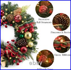24 Pre-Lit Christmas Wreath for Front Door with Lights
