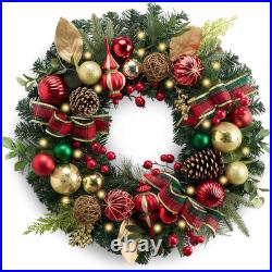24 Pre-Lit Christmas Wreath for Front Door with Lights