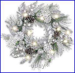 24 Pre-Lit Christmas Wreath with Silver Xmas Balls with Lights for Front Door 24 Pre-Lit Christmas Wreath with Silver Xmas Balls with Lights for Front Door