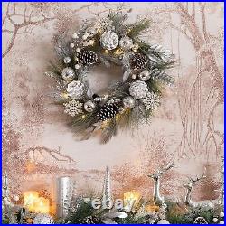 24 Pre-Lit Christmas Wreath with Silver Xmas Balls with Lights for Front Door 24 Pre-Lit Christmas Wreath with Silver Xmas Balls with Lights for Front Door