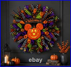 26 Halloween Pumpkin Mouse Wreath Front Door Deco Mesh Welcome Handmade
