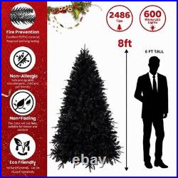 2FT-8FT Black Christmas Tree with White LED Lights Halloween Artificial Tree