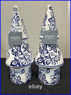 2 Mikasa Accents Ceramic White Blue Chinoiserie Floral Ceramic Christmas Trees