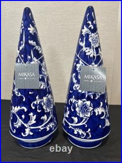 2 Mikasa Accents Ceramic White Blue Chinoiserie Floral Ceramic Christmas Trees