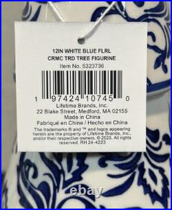 2 Mikasa Accents Ceramic White Blue Chinoiserie Floral Ceramic Christmas Trees