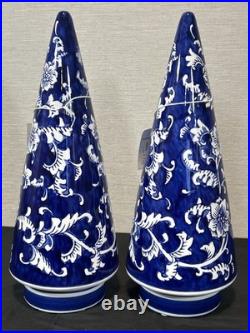2 Mikasa Accents Ceramic White Blue Chinoiserie Floral Ceramic Christmas Trees