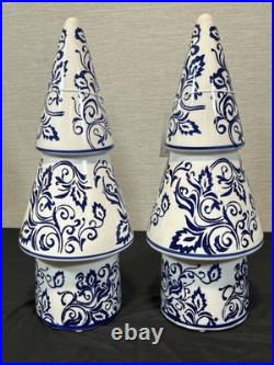 2 Mikasa Accents Ceramic White Blue Chinoiserie Floral Ceramic Christmas Trees