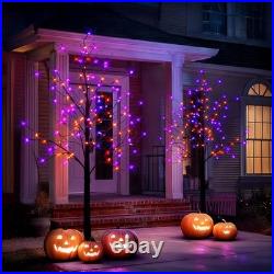 2 Pack 6FT Halloween Lighted Black Birch Tree Total 288 LED Purple and Orange