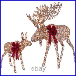2-Piece Moose Family, Lighted Rattan Christmas Rattan-Inspired Yard Decoration S