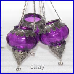 3Pc Vintage Look Unique Shape 4.7'' Purple Glass Kugel Christmas Ornaments Heavy