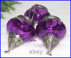 3Pc Vintage Look Unique Shape 4.7'' Purple Glass Kugel Christmas Ornaments Heavy