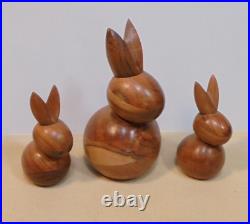 3 Crate and Barrel Wooden Bunnies Rabbits 9 1/2 and 6 1/2 tall Free Shipping