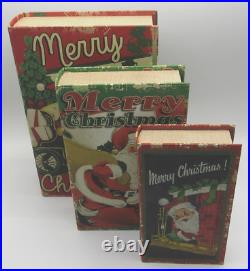3x Merry Christmas Santa Retro Style Faux Books Stash Boxes Christmas Decor
