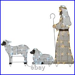 41, 18 & 12 Fabric Glitter Shepherd & Sheep, Warm/Cool White LED Lights, Plug