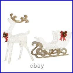 48 in. Pre Lit Sisal Reindeer and Sleigh Decoration with Cool White LED Lights