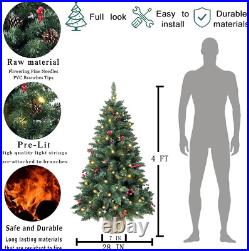 4Ft Pre-Lit Christmas Tree, Artificial Pine 300 PVC Branches Tips with 20 Red Ber