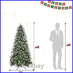 4-9 ft Artificial Christmas Tree Snow Frosted Pine Tree with Pinecones&Red Berries