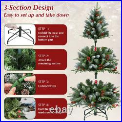 4-9 ft Artificial Christmas Tree Snow Frosted Pine Tree with Pinecones&Red Berries