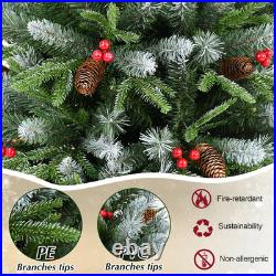 4-9 ft Artificial Christmas Tree Snow Frosted Pine Tree with Pinecones&Red Berries
