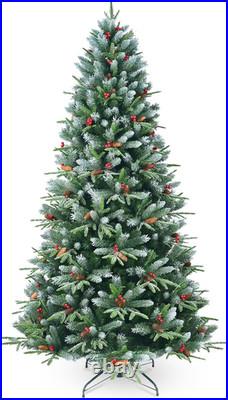 4-9 ft Artificial Christmas Tree Snow Frosted Pine Tree with Pinecones&Red Berries