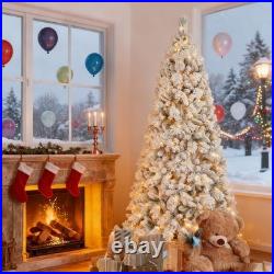 4-9 ft Pre-Lit Flocked Artificial Christmas Tree White Pine Tree & Foldable Base