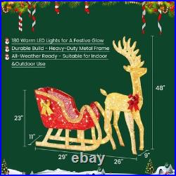 4 FT Lighted Christmas Reindeer & Santa Sleigh Set, Family Outdoor Indoor Xma
