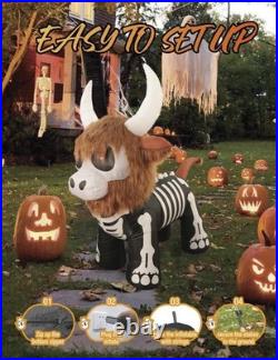 5'10 LED Skeleton Highland Cow with Fur Halloween Inflatable Haunted House Decor