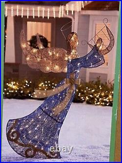 5.5' Christmas Glitter LED Lighted Blue Angel with Harp And Wings Holiday Yard Art