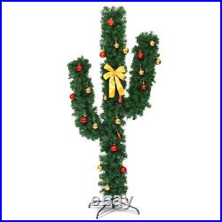 5' Artificial Cactus Christmas With Warm White LED And Ornaments Bow And Stand
