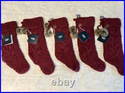 5x New UGG Home Cable Knit Pom Pom Christmas Stocking, Sweater Knit Garnet Red