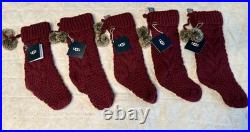 5x New UGG Home Cable Knit Pom Pom Christmas Stocking, Sweater Knit Garnet Red