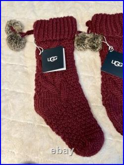 5x New UGG Home Cable Knit Pom Pom Christmas Stocking, Sweater Knit Garnet Red