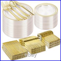 600PCS Clear Gold Plastic Plate Set (100 Guests), Disposable Dinnerware Set f 600PCS Clear Gold Plastic Plate Set (100 Guests), Disposable Dinnerware Set f