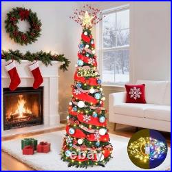 6FT Pop Up Christmas Tree With Lights, Prelit Collapsible, Ribbon, Bows, Xmas Tree