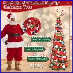 6FT Pop Up Christmas Tree With Lights, Prelit Collapsible, Ribbon, Bows, Xmas Tree