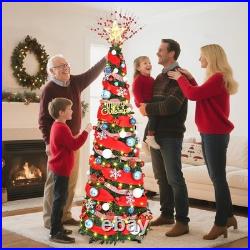 6FT Pop Up Christmas Tree With Lights, Prelit Collapsible, Ribbon, Bows, Xmas Tree