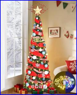 6FT Pop Up Christmas Tree With Lights, Prelit Collapsible, Ribbon, Bows, Xmas Tree