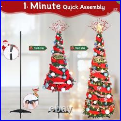 6FT Pop Up Christmas Tree With Lights, Prelit Collapsible, Ribbon, Bows, Xmas Tree