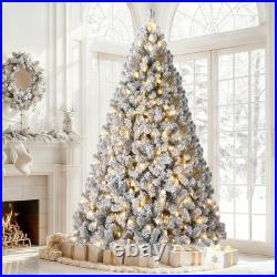 6FT Pre-Lit Snow Flocked Artificial Full Christmas Tree with Warm Lights, Art