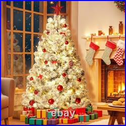 6FT Pre-Lit Snow Flocked Artificial Full Christmas Tree with Warm Lights, Art