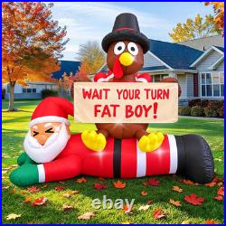 6.4 FT Thanksgiving Inflatable Turkey Sitting on Santa Claus Decoration, Light u