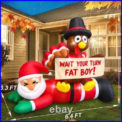 6.4 FT Thanksgiving Inflatable Turkey Sitting on Santa Claus Decoration, Light u