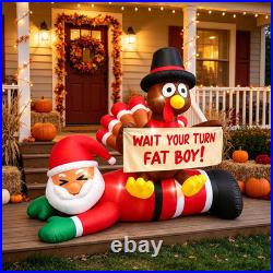 6.4 FT Thanksgiving Inflatable Turkey Sitting on Santa Claus Decoration, Light u