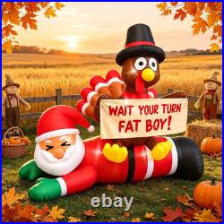 6.4 FT Thanksgiving Inflatable Turkey Sitting on Santa Claus Decoration, Light u